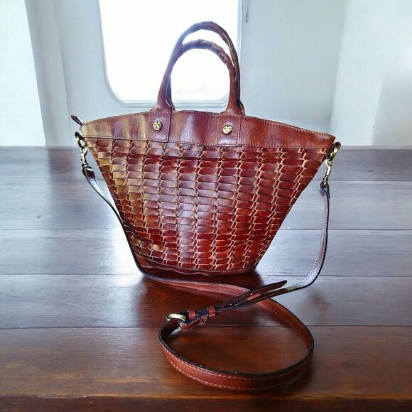 Patricia Nash Emiliano Woven Rust Brown Leather Tote Purse Crossbody Strap - Picture 1 of 14
